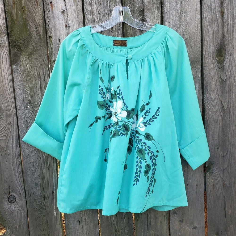 Prototype handpainted blouse L blue 3/4 sleeve